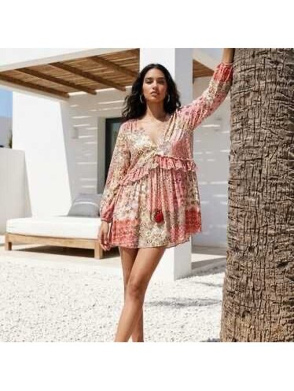 Zara Patchwork Boho Floral Mini Dress Pink Ivory Viscose Tassel Tie XL Festival